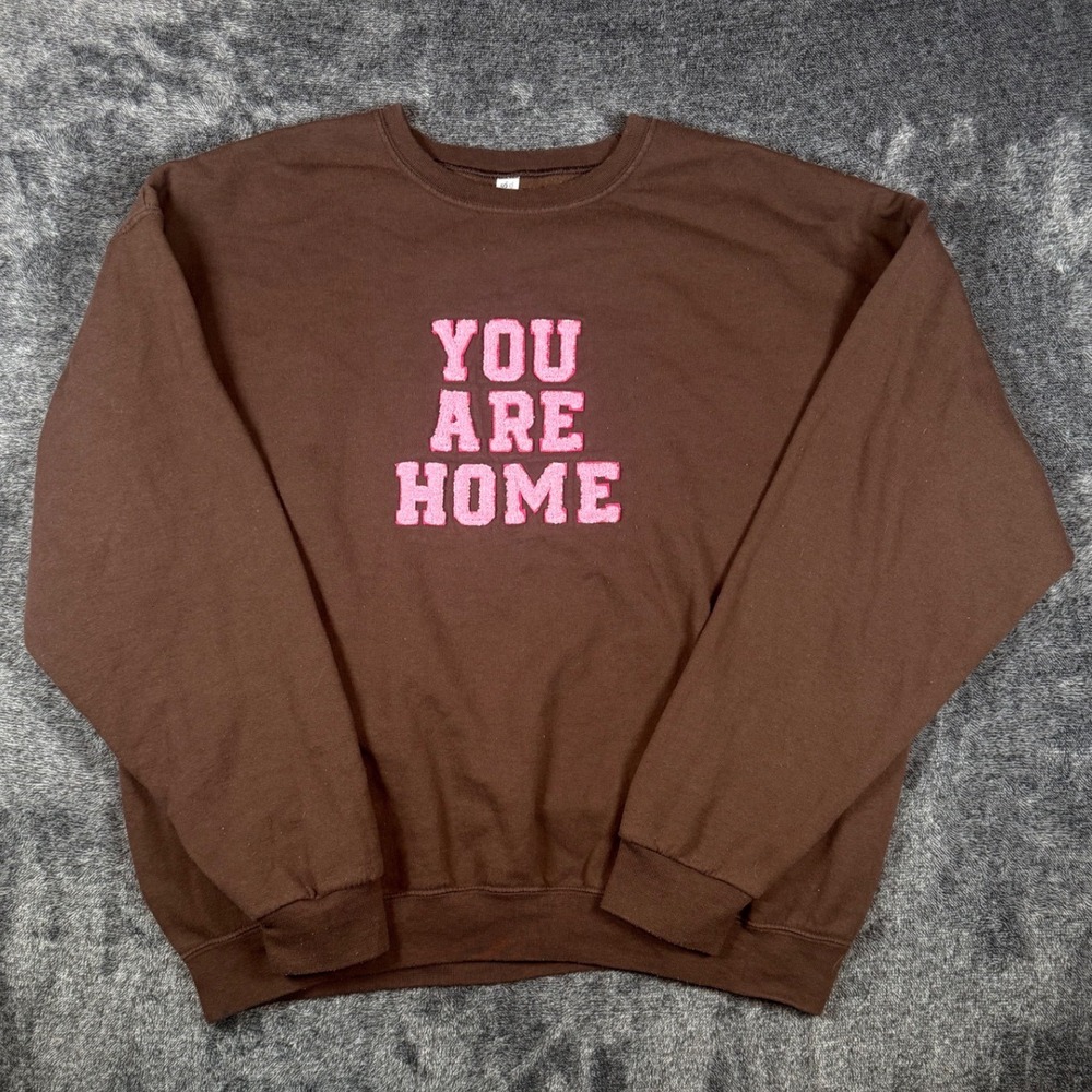 Jerzees‎ You Are Home Pink Chenille Patch Brown Crewneck Sweatshirt Size XL